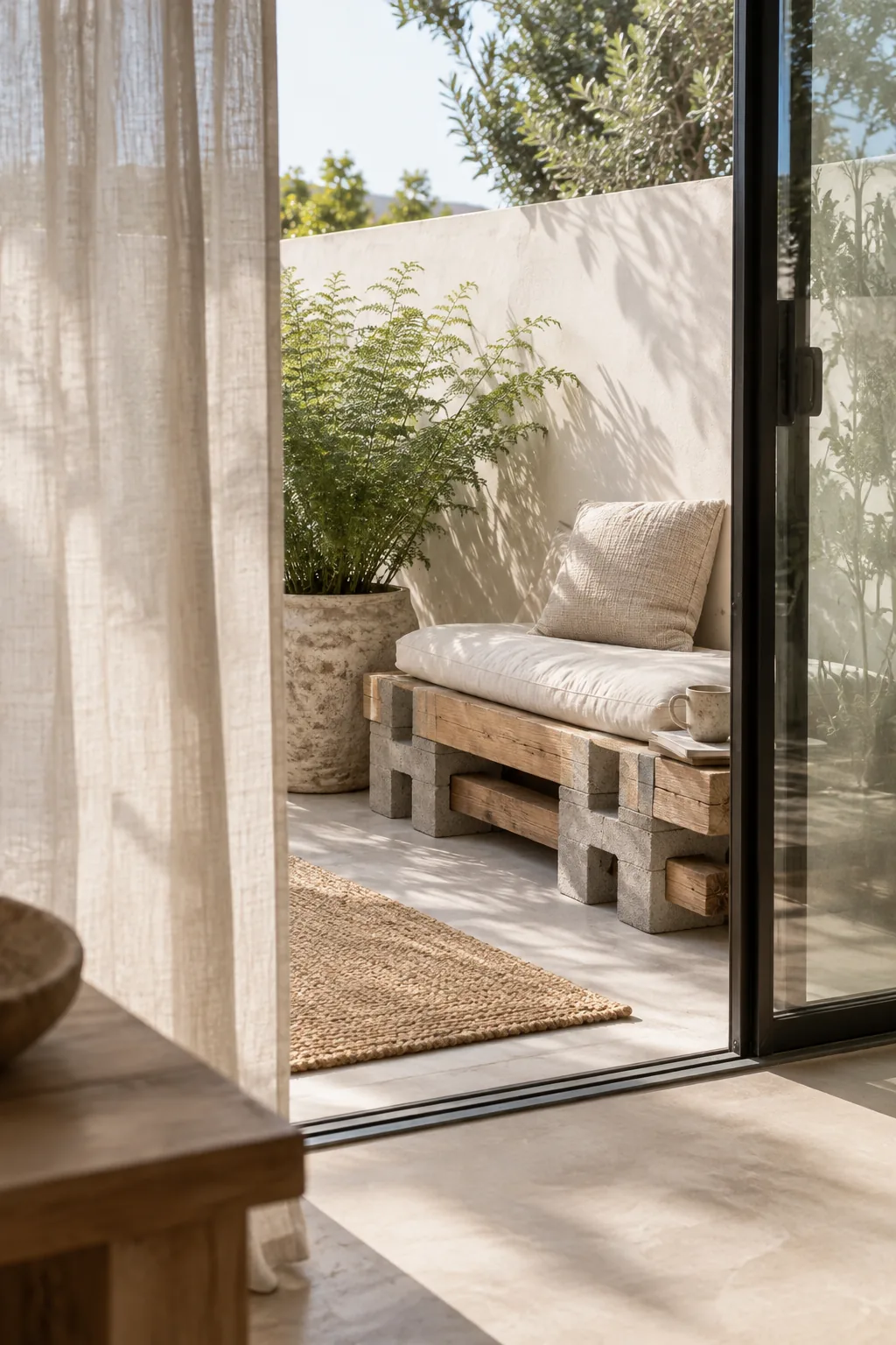 Outdoor bench made from stacked cinder blocks and wooden beams topped with a white cushion
