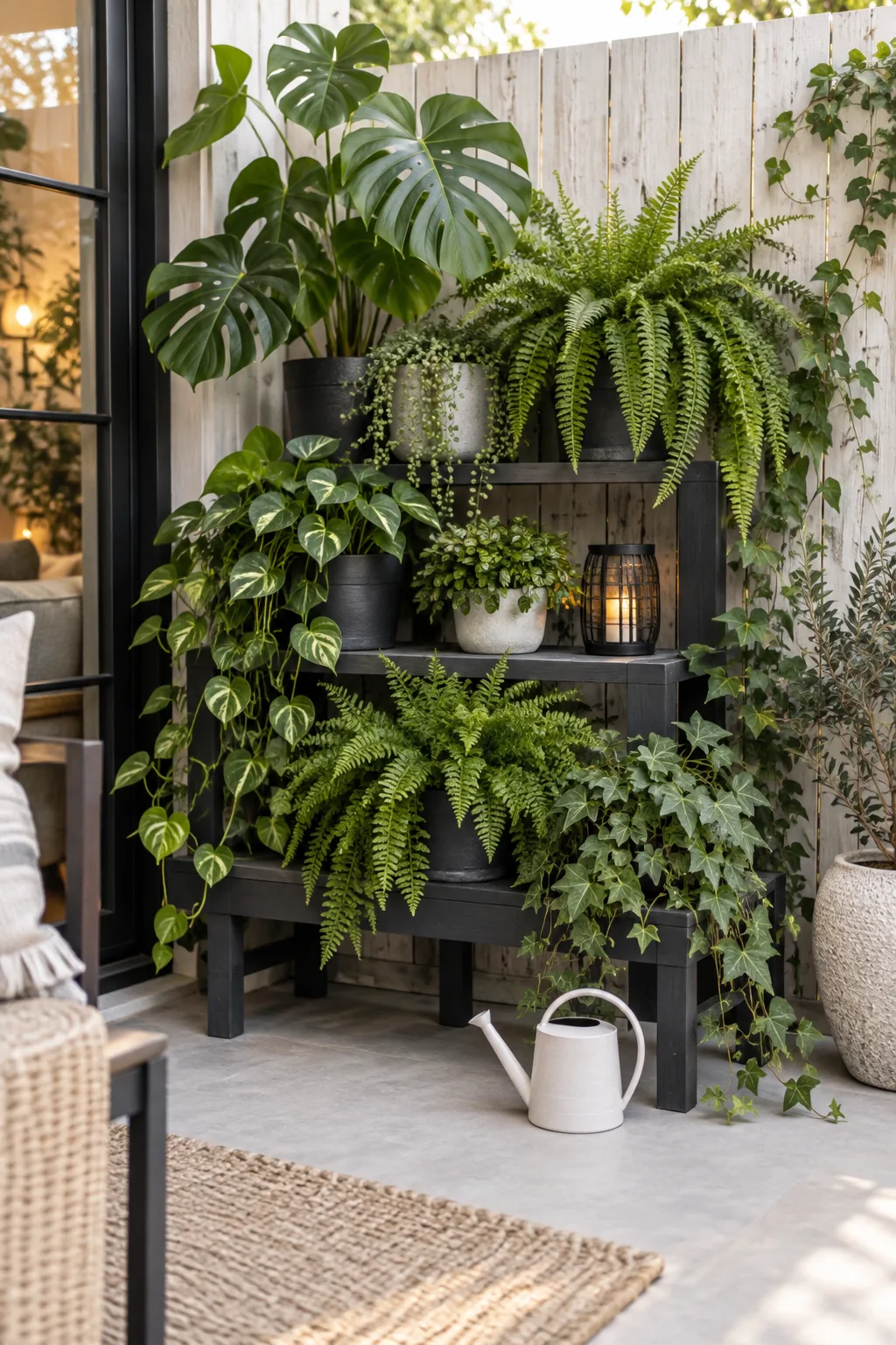 Dark charcoal wooden tiered plant stand filled with various ferns and trailing plants