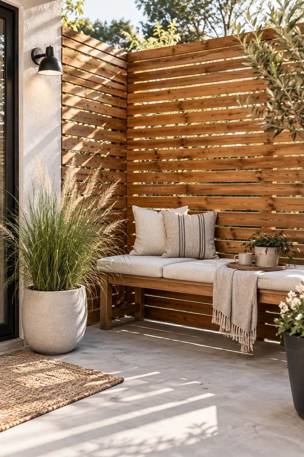 Modern slatted wood privacy screen stained in a warm cedar tone on a patio edge