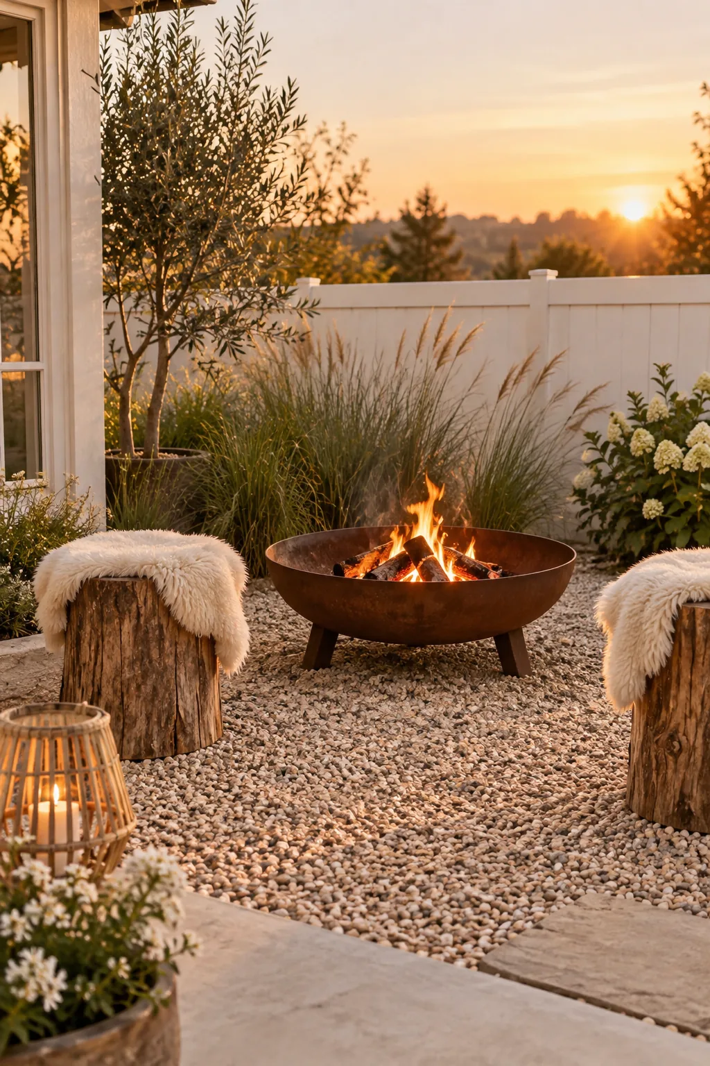 Small fire pit area created with pea gravel extending off a concrete patio