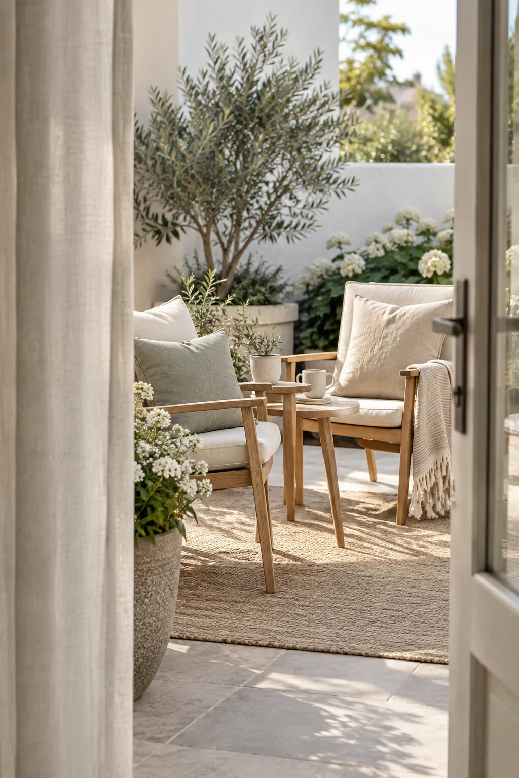 Outdoor patio chair featuring a neutral canvas drop cloth pillow