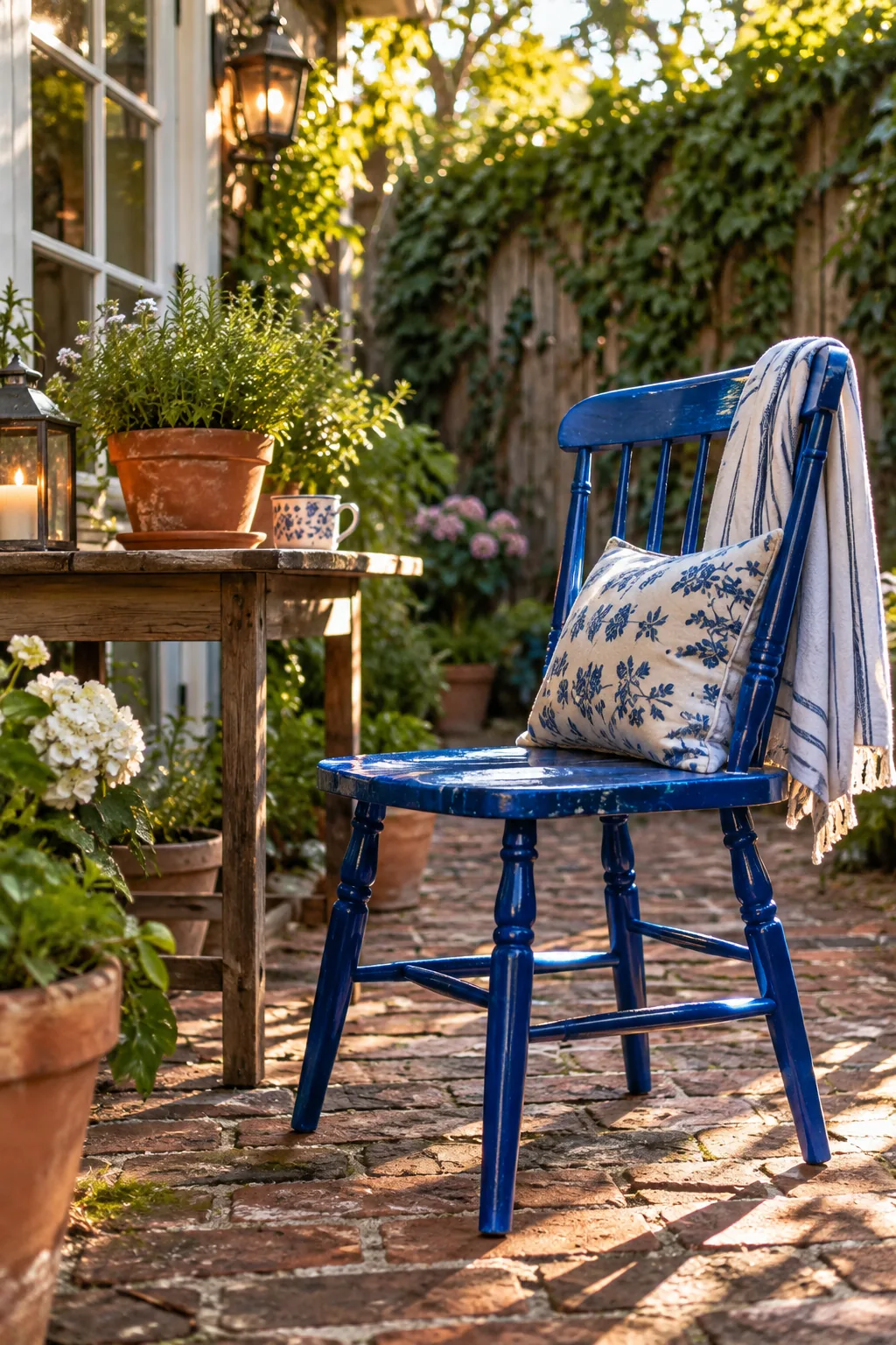 Bright yellow painted wooden dining chair used as seating on an outdoor patio
