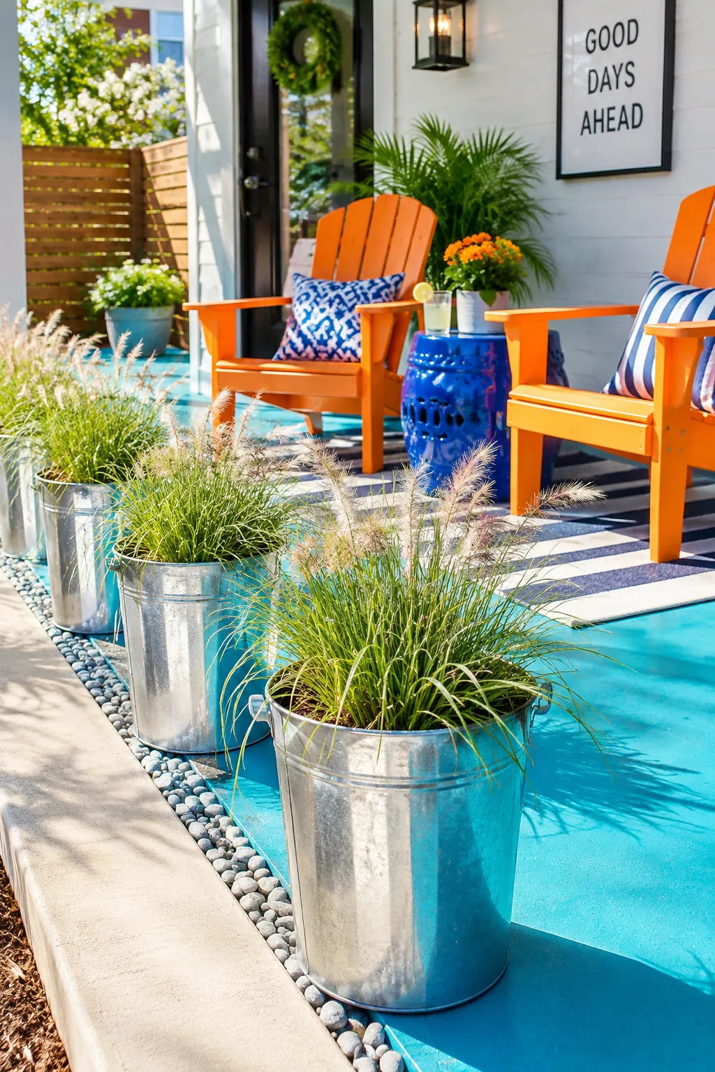 Row of matching galvanized metal buckets planted with tall ornamental grasses
