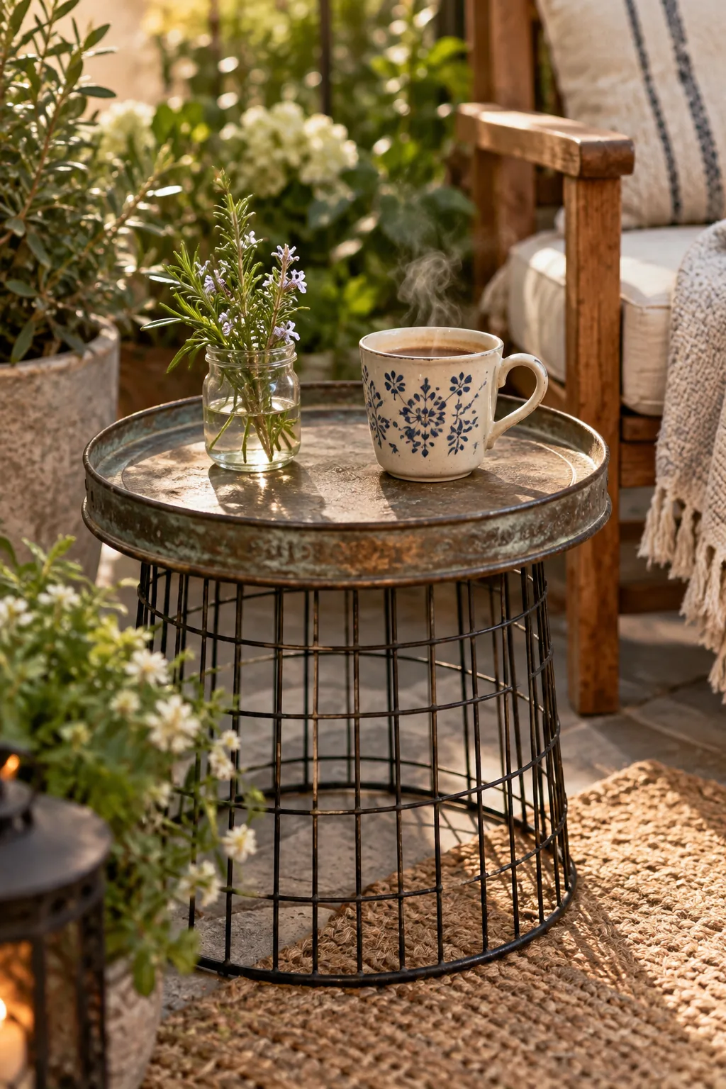 Wire storage basket flipped upside down with a vintage tray on top serving as a table