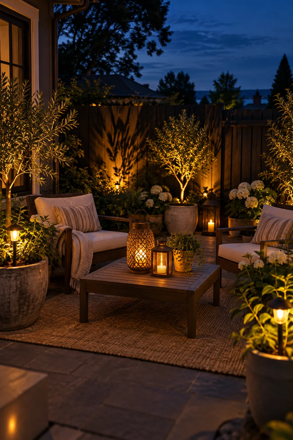 Potted patio plants illuminated from below by small hidden solar path lights