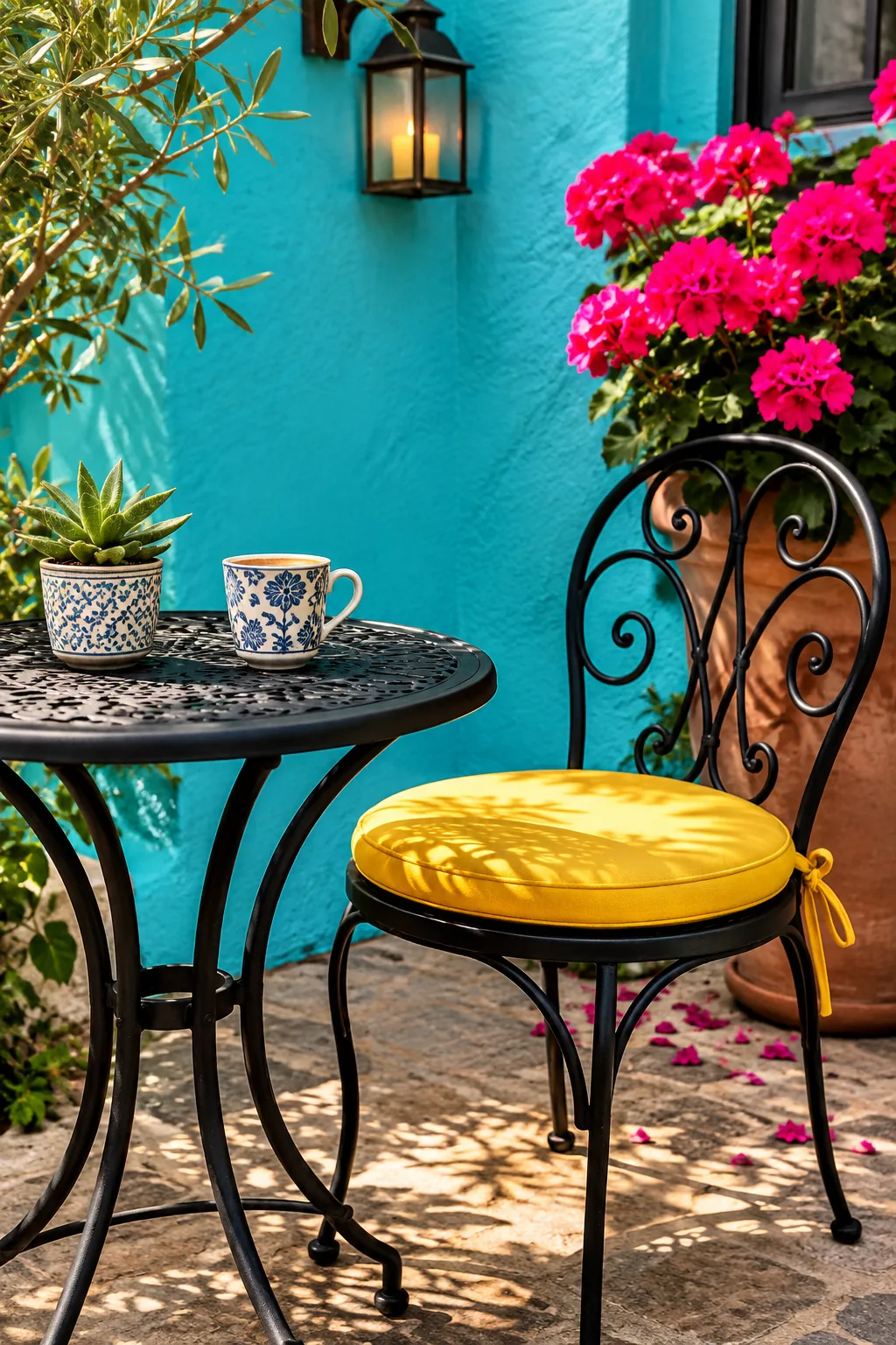 Sleek black spray painted metal bistro table and chairs on a small patio