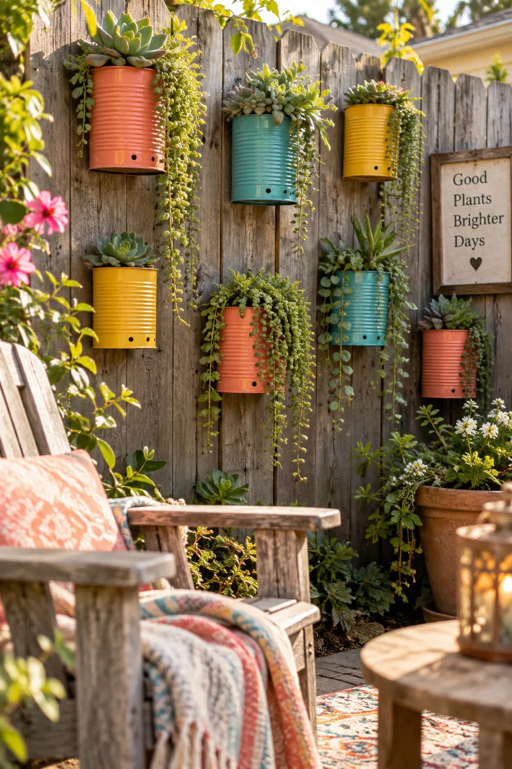 Brightly painted tin cans filled with succulents mounted to a wooden fence