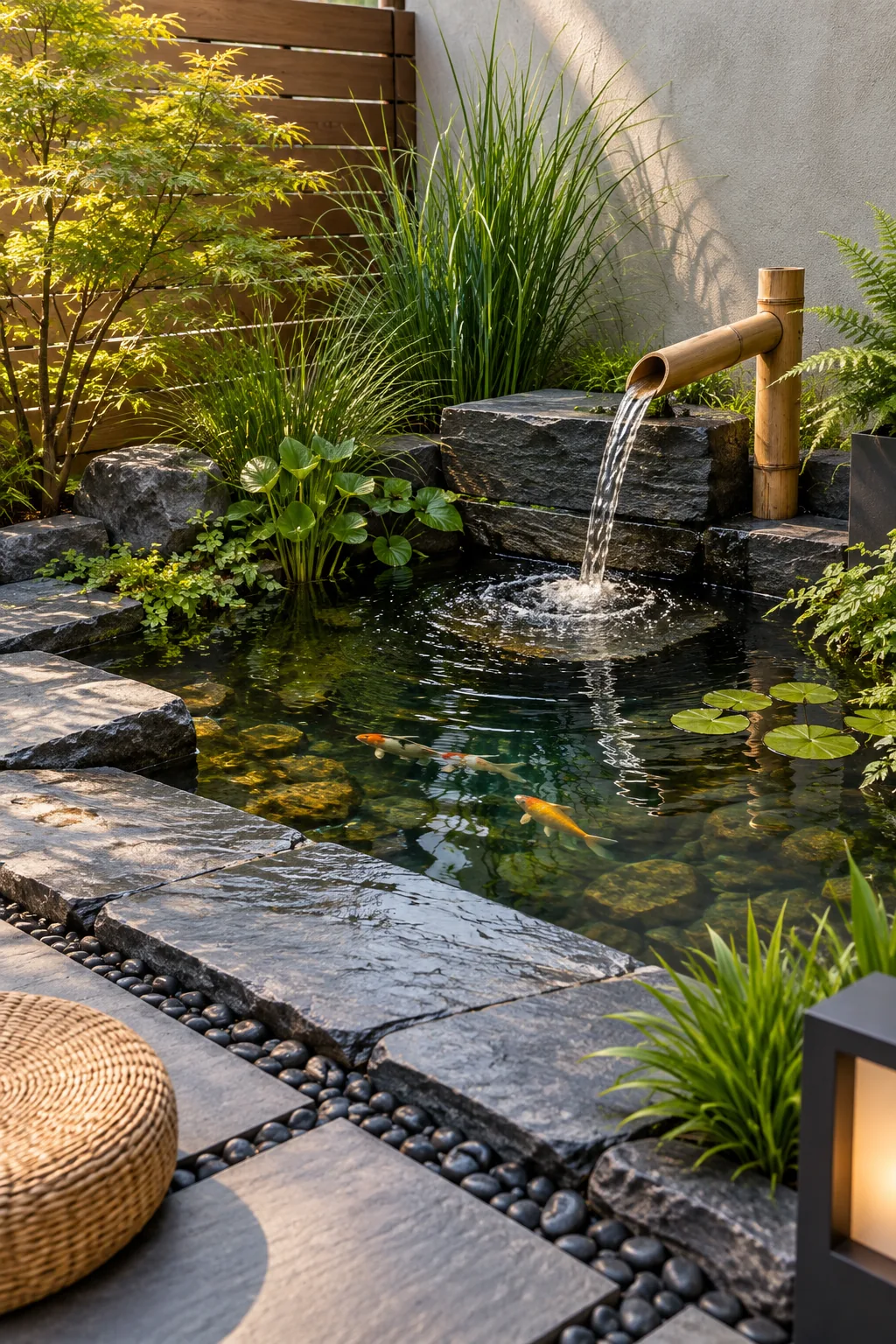 A modern pond with dark slate edging and a bamboo water spout.