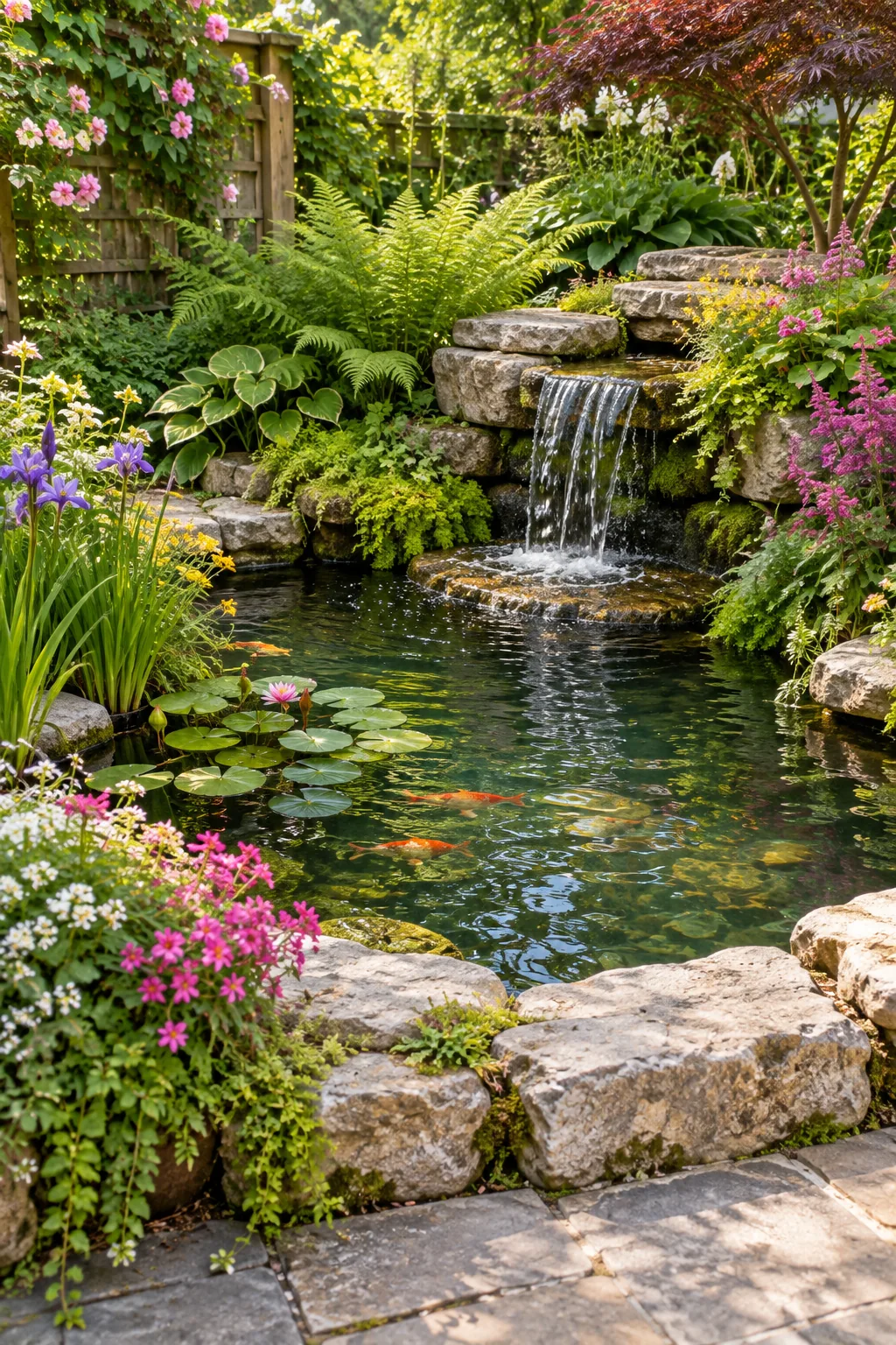 A lush cottage garden pond surrounded by weathered limestone and ferns.