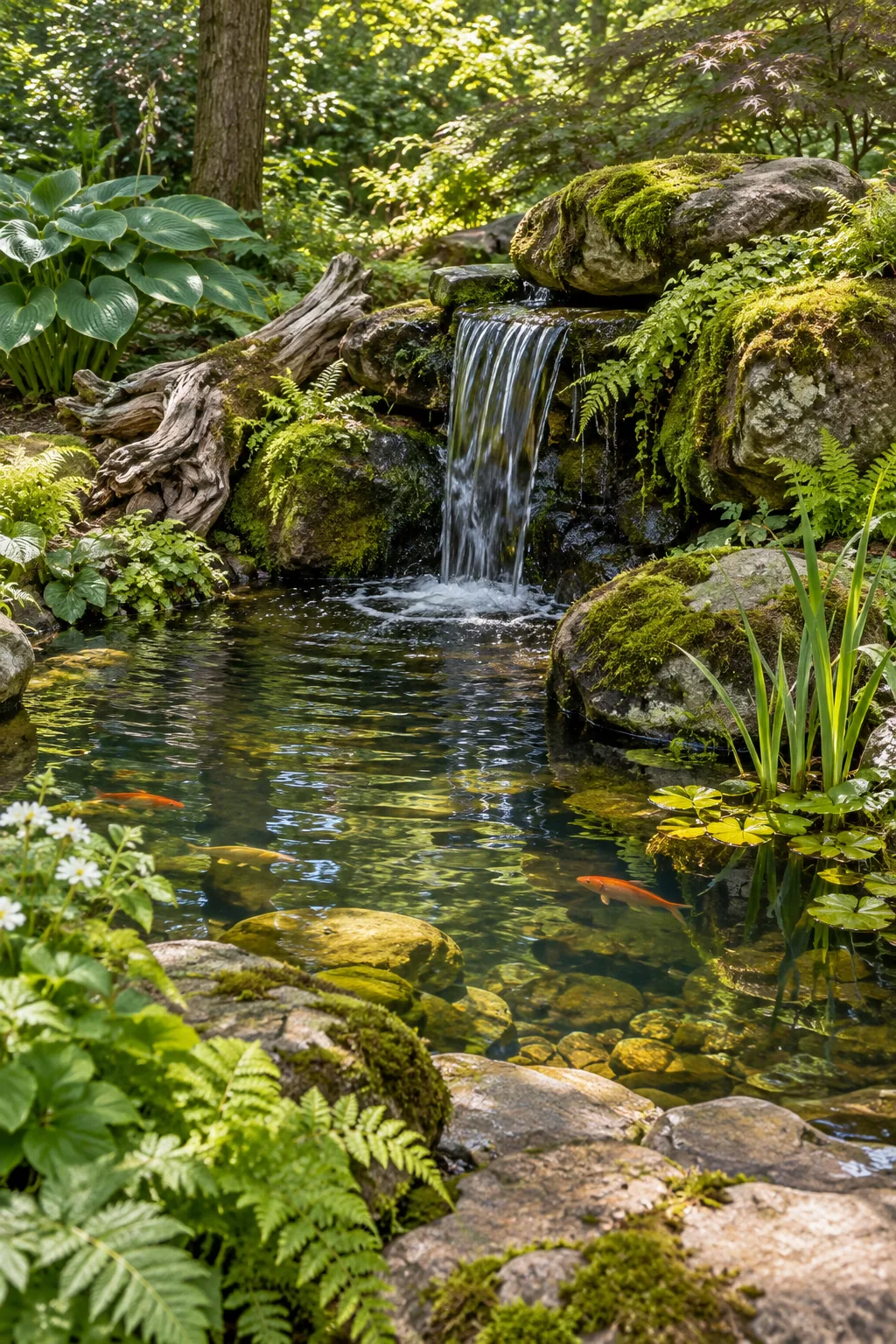 A rustic pond edged with mossy boulders and weathered driftwood.