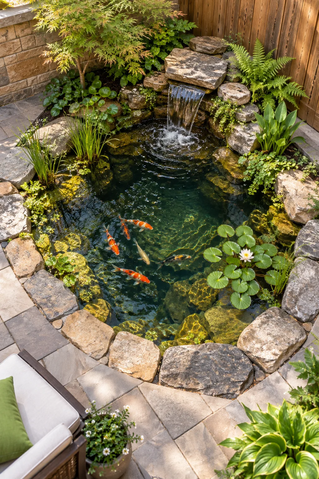 Elevated view of a small corner pond with stone edging next to a paver patio.
