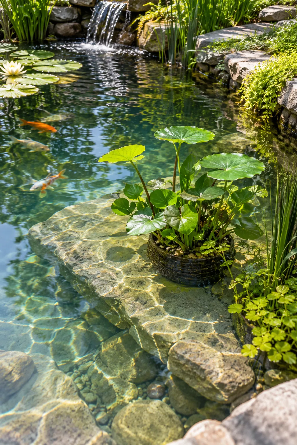 Clear pond water revealing a shallow stone shelf holding a potted water plant.