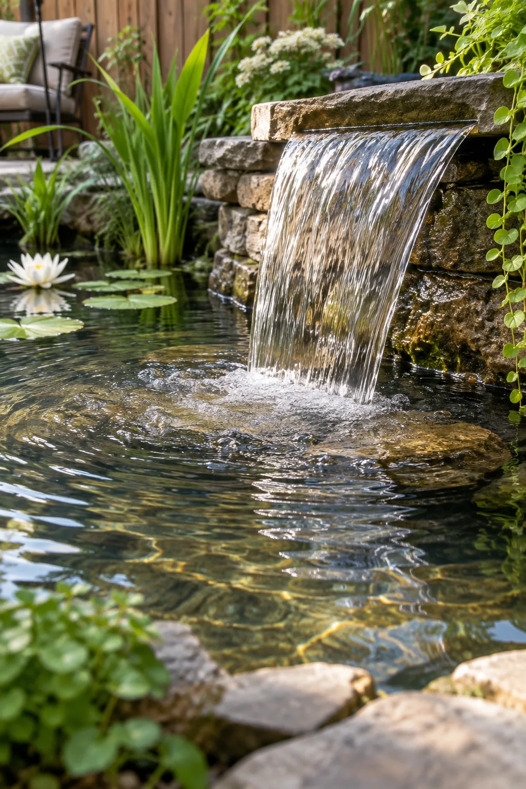 A smooth, continuous sheet of water falling from a flat stone ledge.