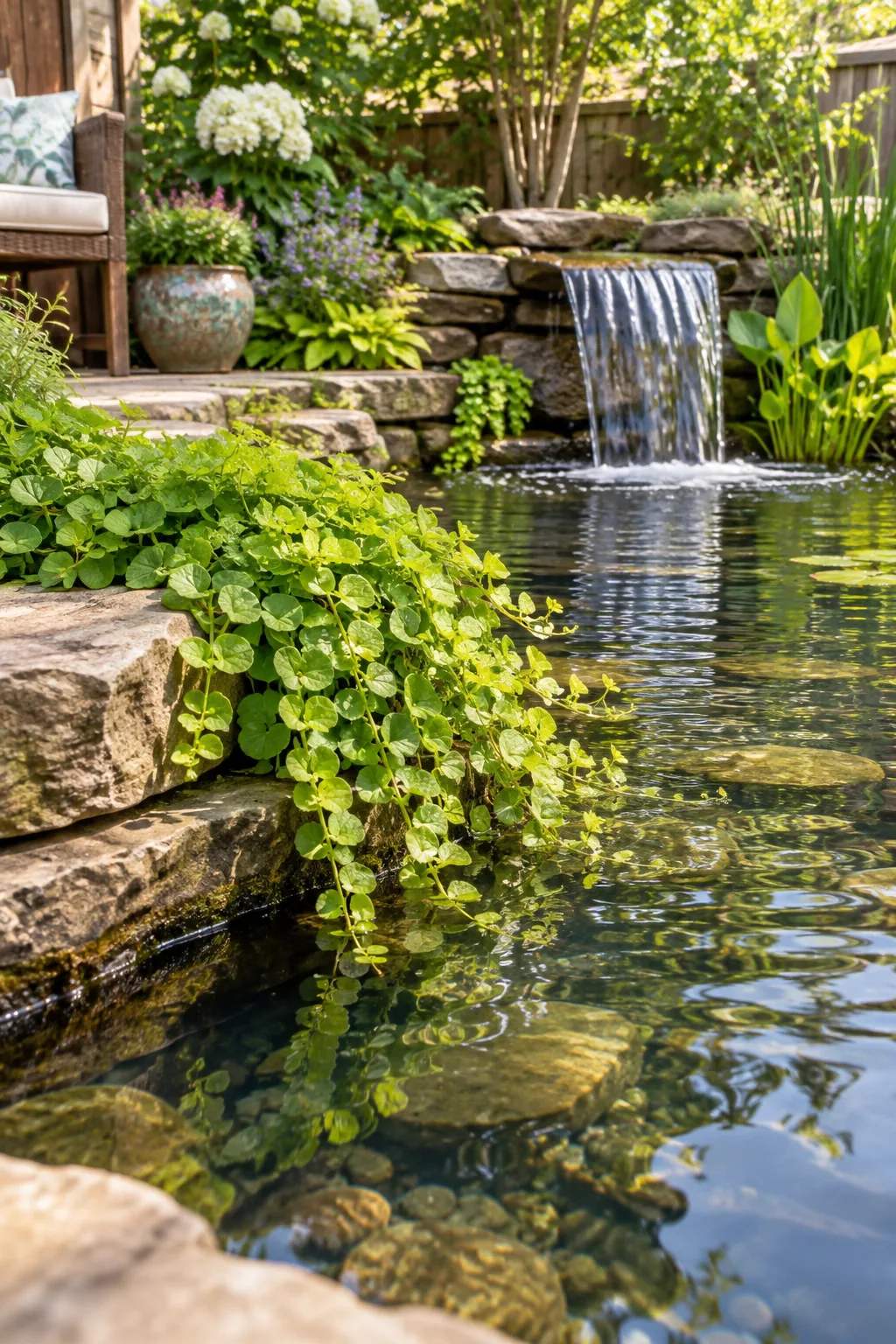 Waterfall landing on a flat stone just below the water surface.