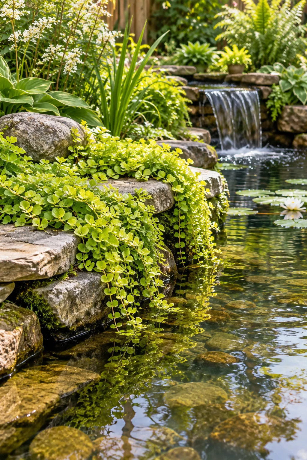 Green creeping Jenny plants growing over stone pond edging into the water.
