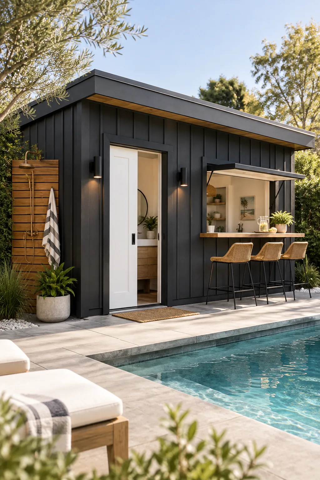 Matte black pool house with a white pocket door and concrete patio.