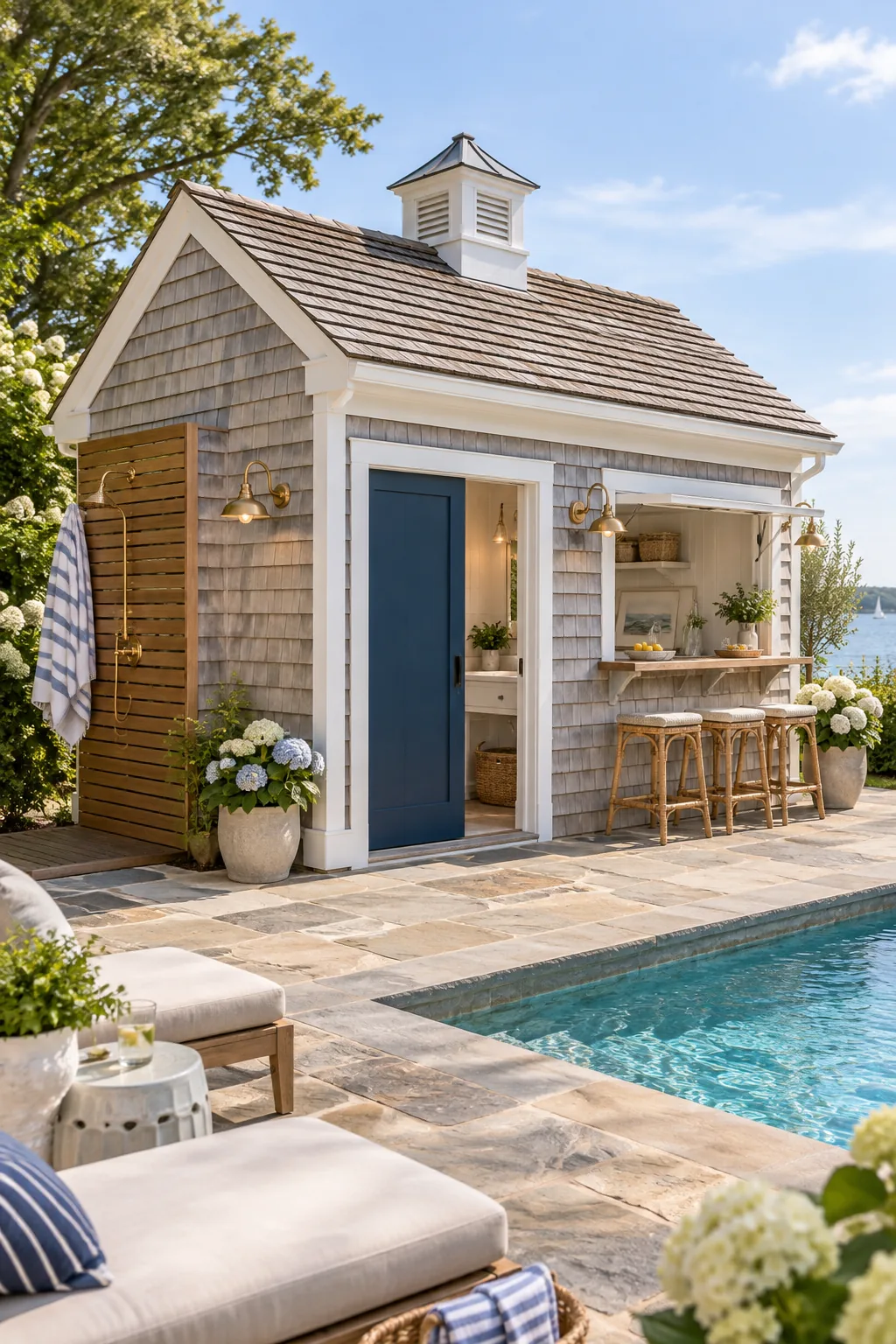 Weathered gray shingle pool house with a navy blue door and flagstone patio.