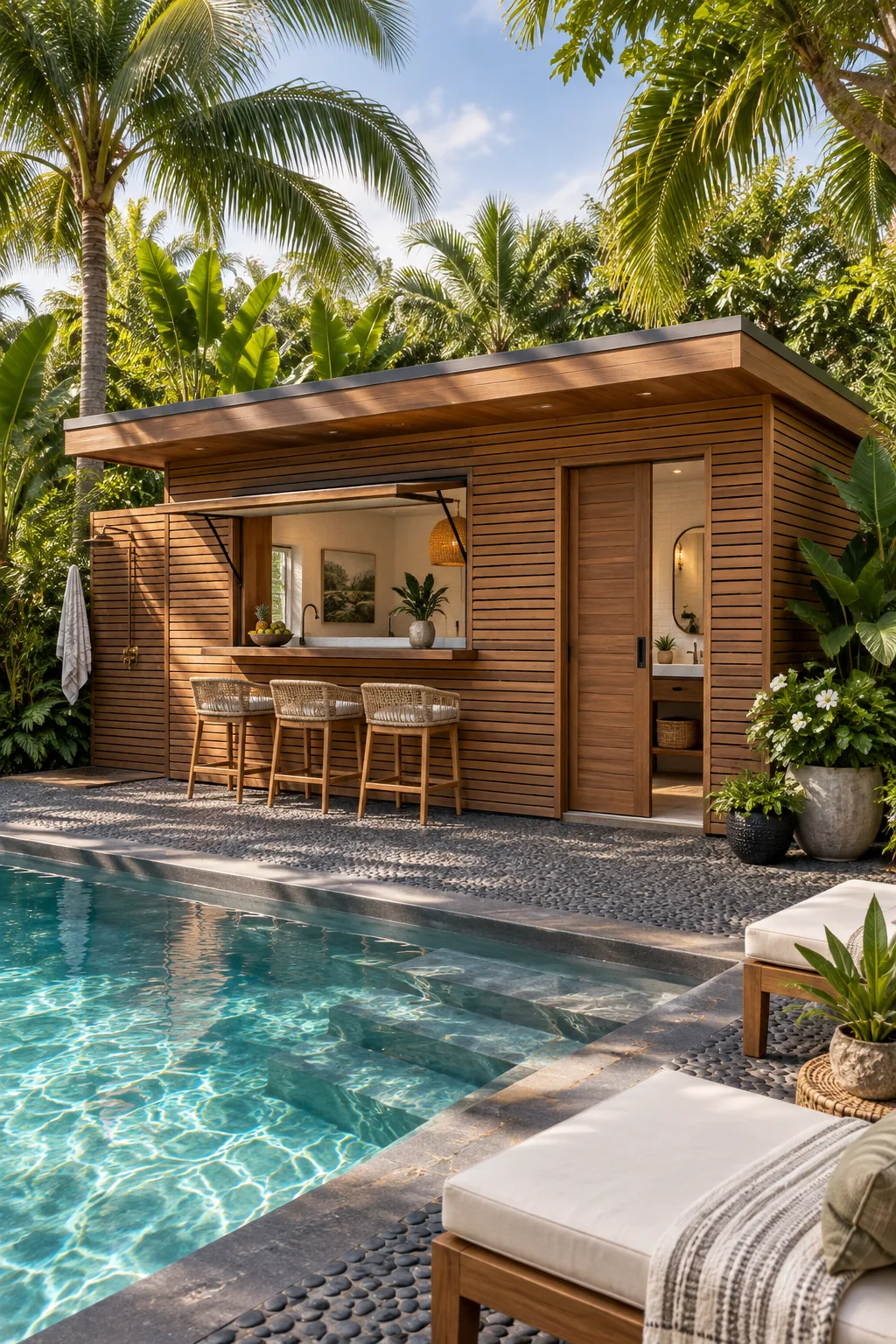Teak wood slatted pool house surrounded by lush green palm trees.