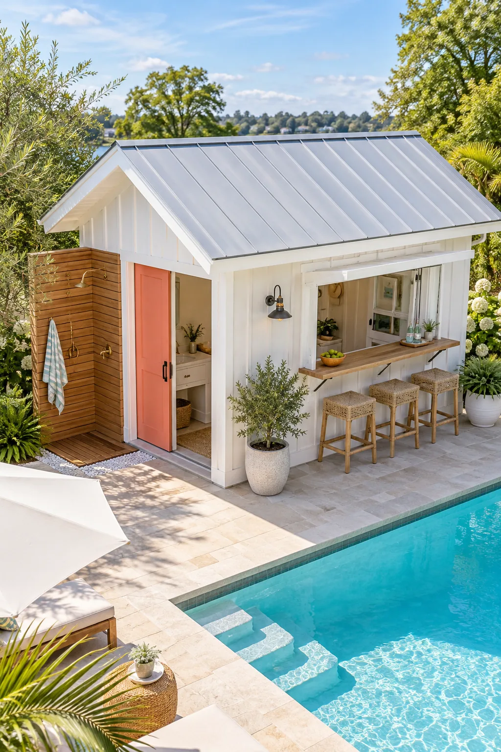 Elevated view of a compact white pool house sitting on a stone patio next to a swimming pool.