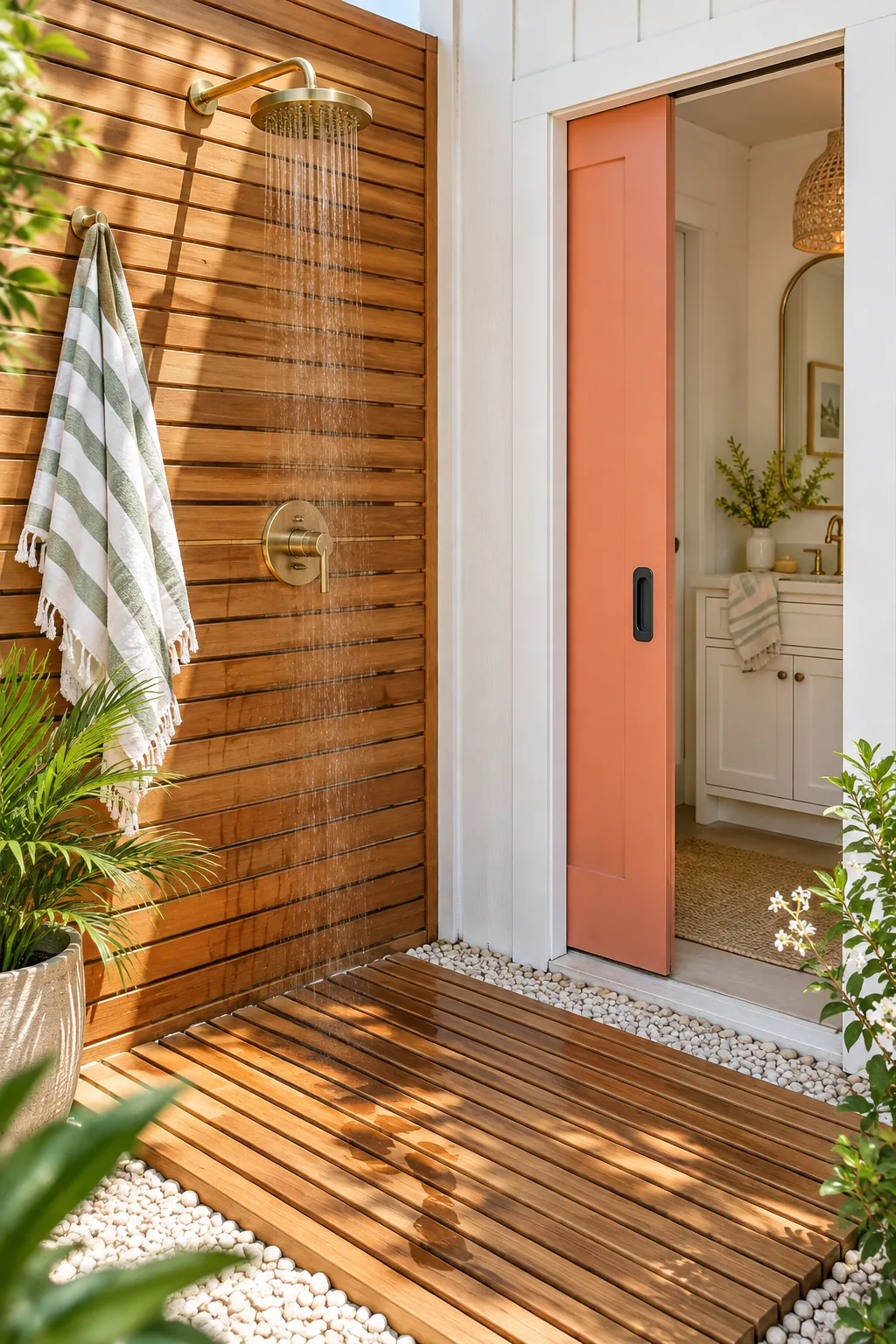 Brass outdoor shower fixtures on a cedar wall, with an interior sink visible through an open door directly behind it.
