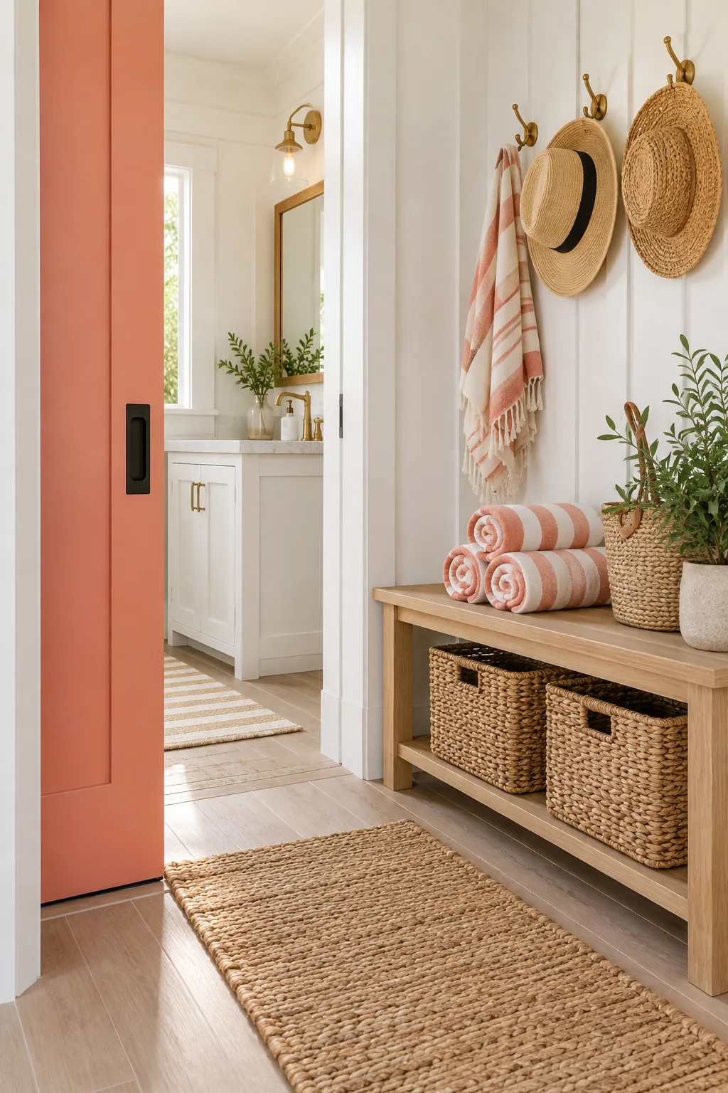 Coral painted pocket door sliding halfway into a white paneled exterior wall.
