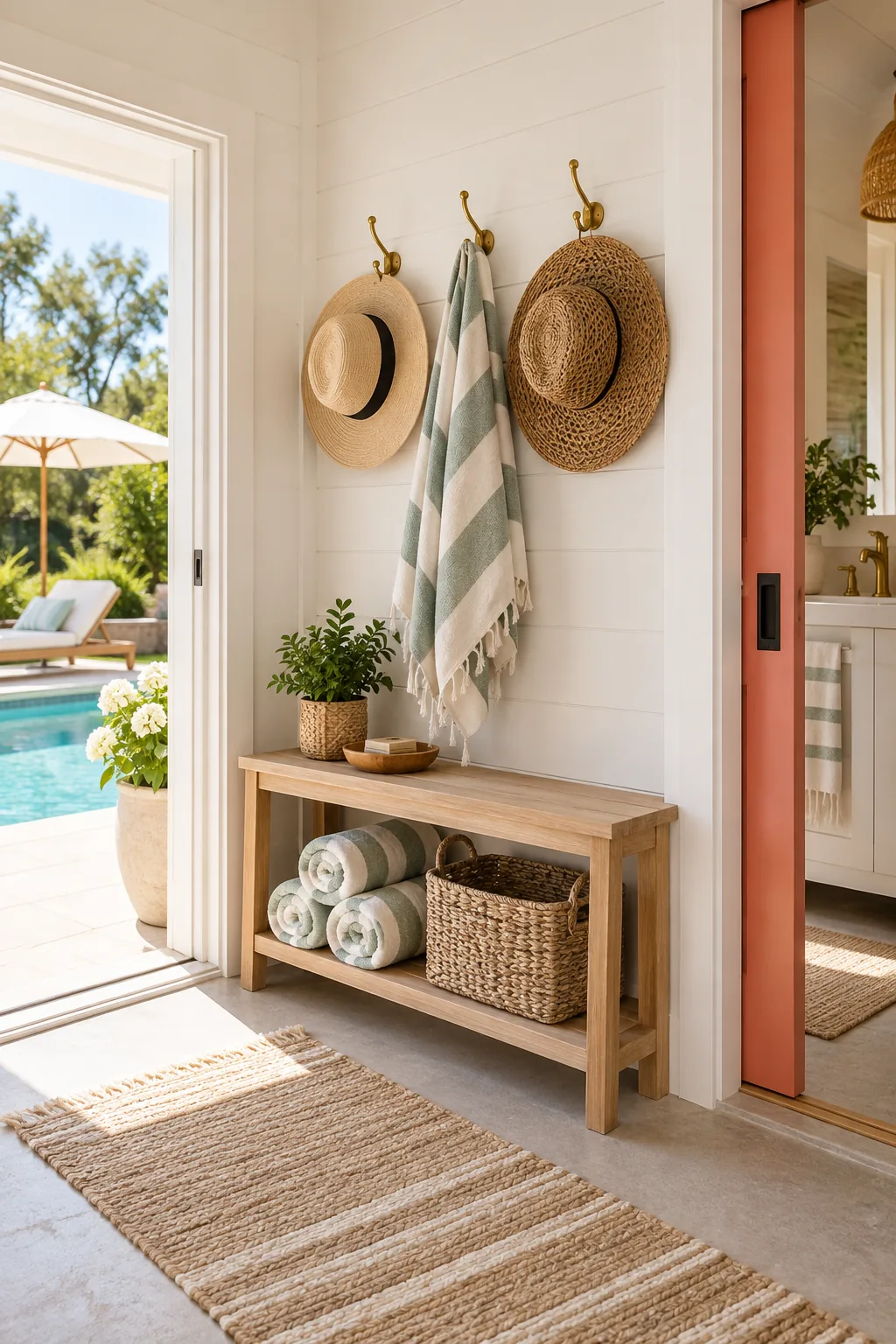 Light oak bench with rolled towels and baskets sitting inside a white paneled pool house entryway.