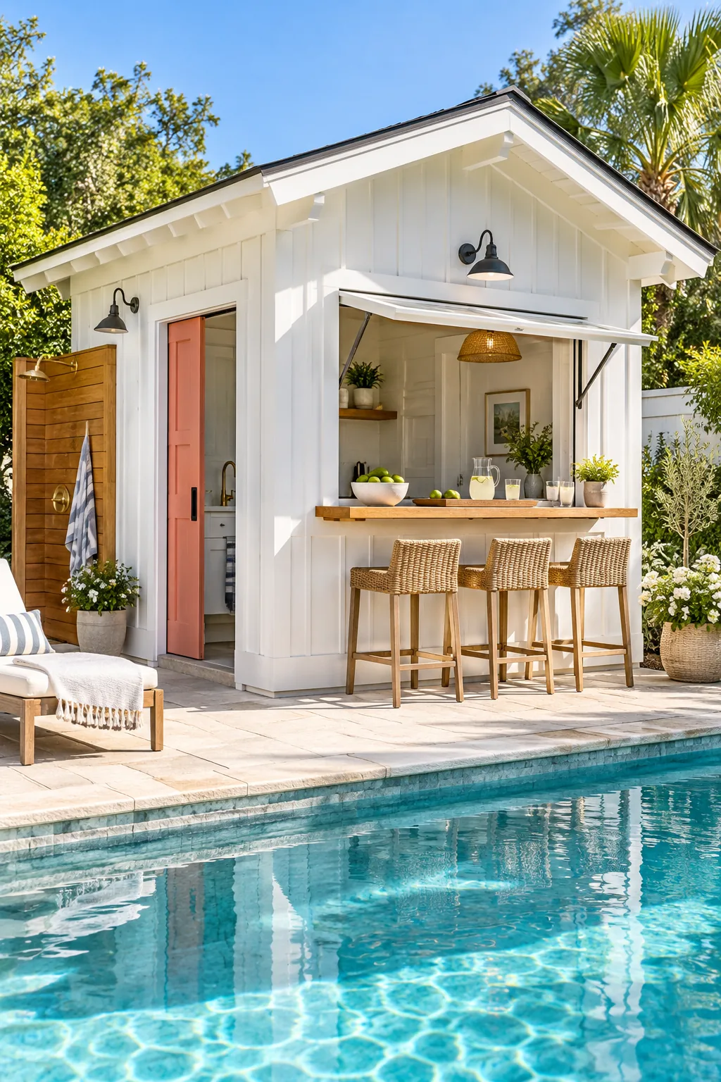 Wooden pass-through bar ledge with drinks and three rattan barstools underneath.