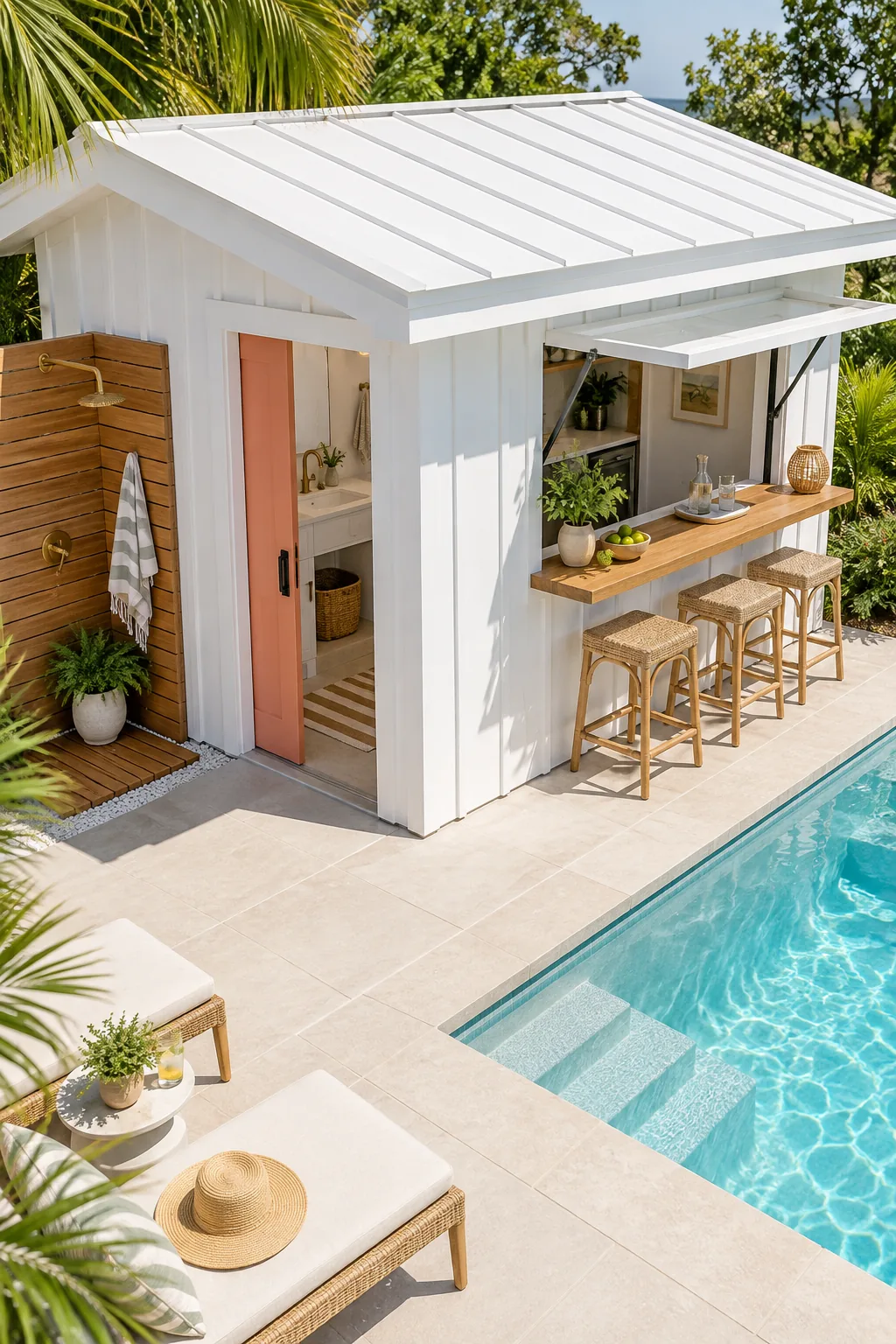 Deep white roof overhang casting a shadow over a pool house serving window.