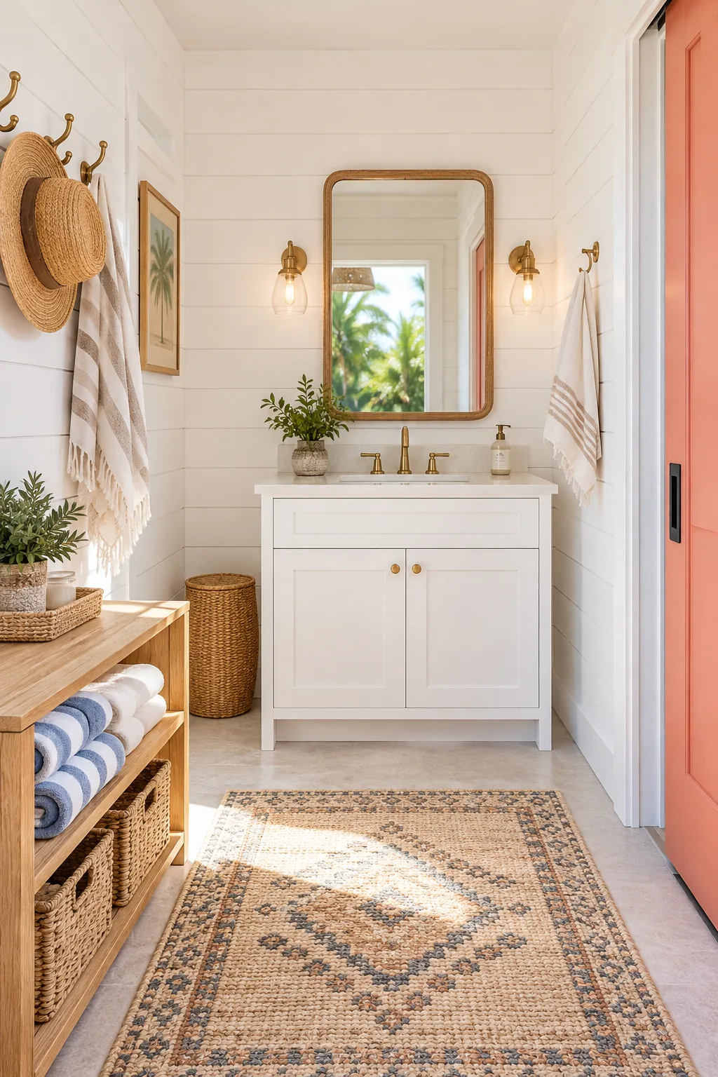 Open floor space inside a white pool house with a small sink vanity and patterned rug.