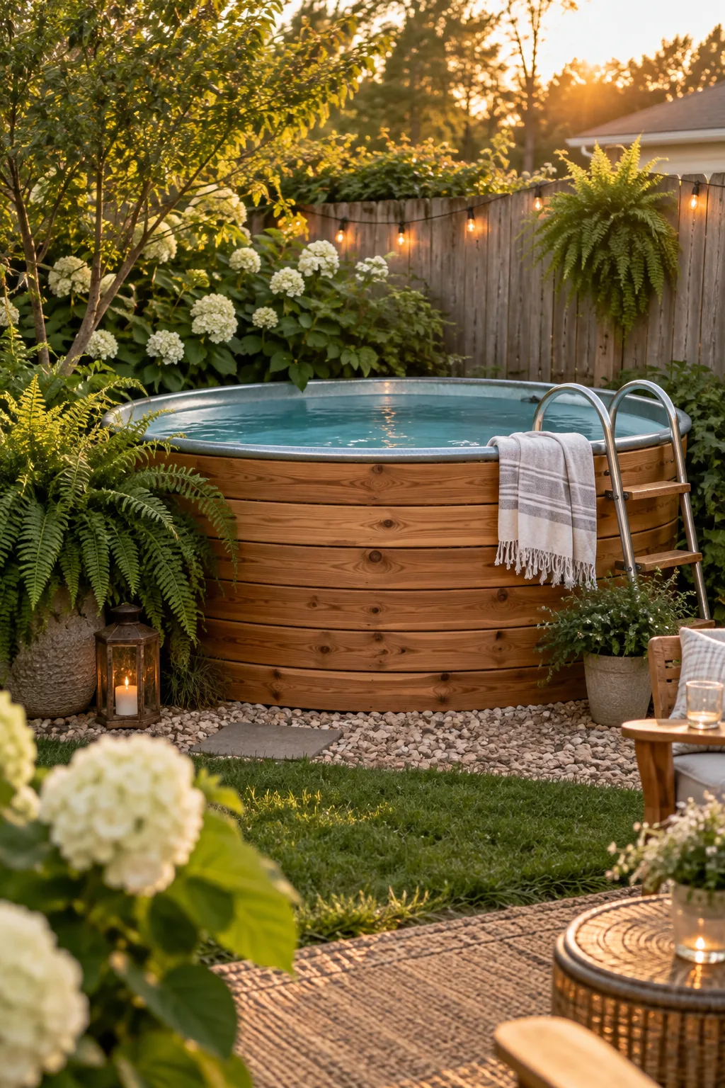 A round stock tank pool wrapped in cedar wood tucked into a backyard corner