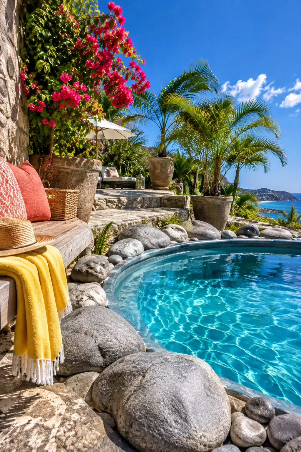 A partially sunken 8-foot round pool surrounded by river rocks