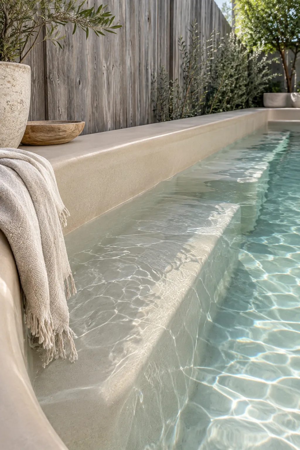 A narrow rectangular fiberglass pool installed next to a wooden fence