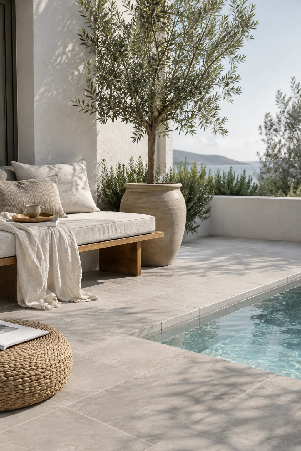 A small pool with matching stone pavers on the patio and pool coping