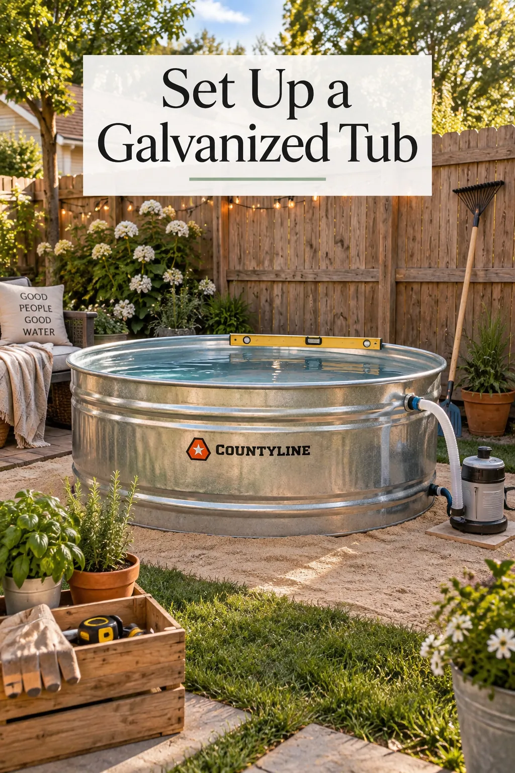 A galvanized tub pool sitting on a leveled sand base in a backyard