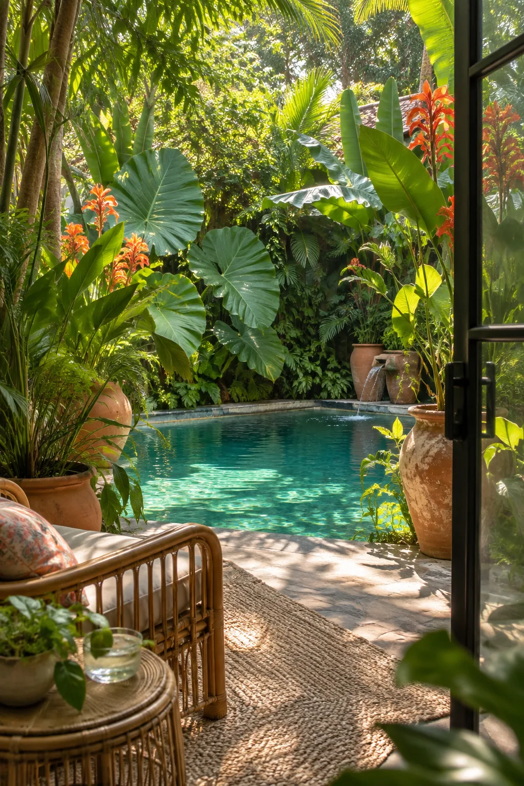 A small plunge pool surrounded by large potted elephant ears and canna lilies