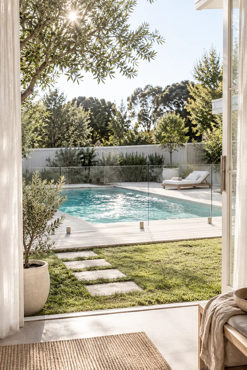 A small backyard pool enclosed by a clear glass safety fence