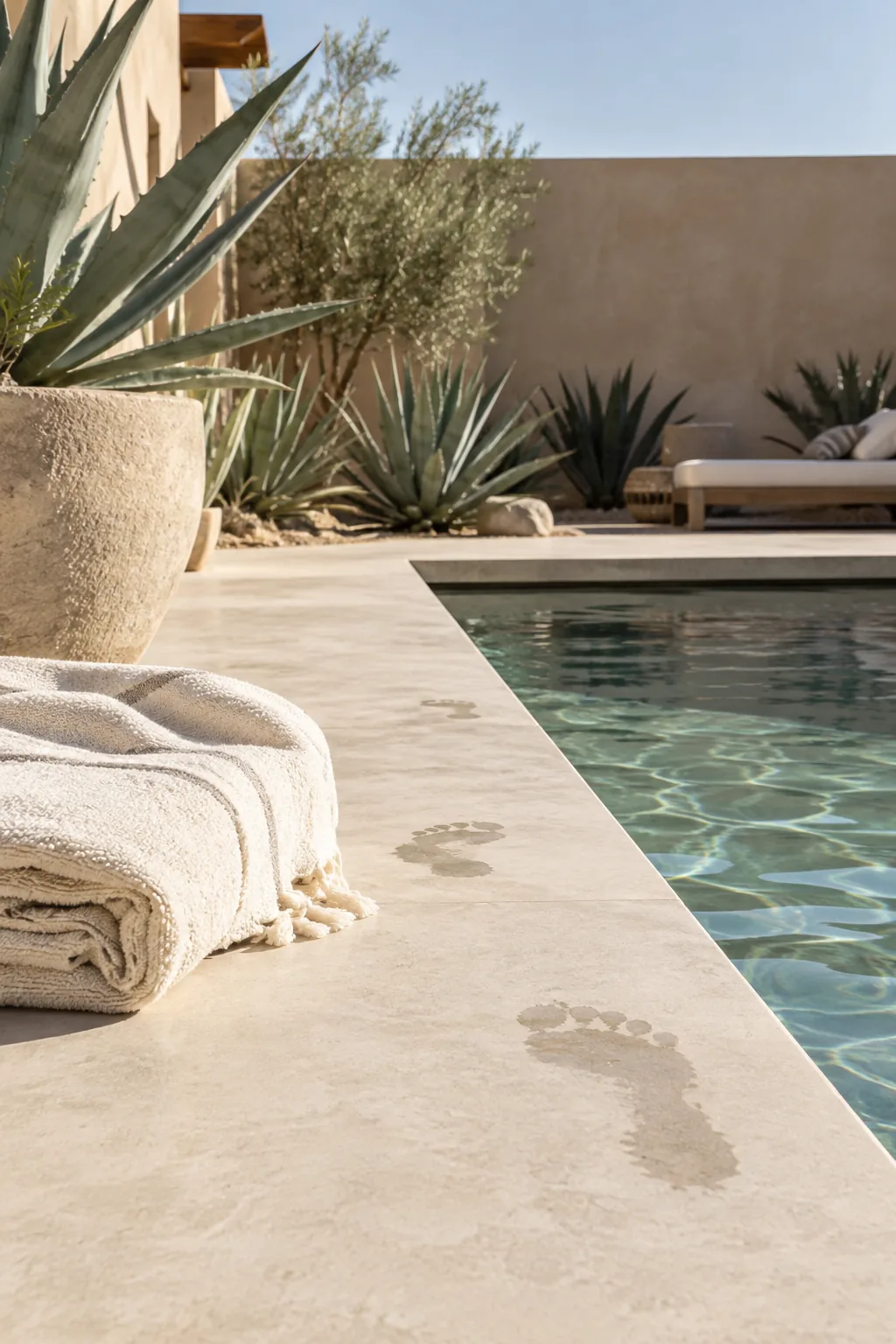 A small rectangular pool surrounded by pale concrete and agave plants