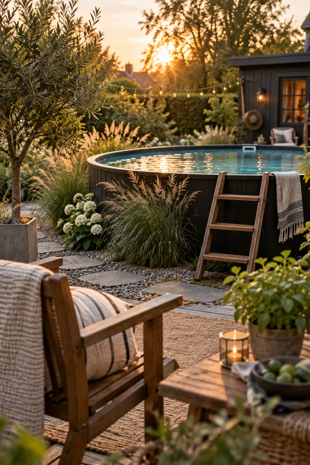 An above-ground pool painted matte black surrounded by tall ornamental grasses