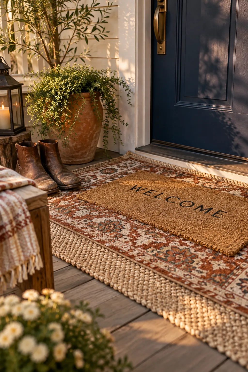 A patterned outdoor rug placed underneath a smaller coir welcome mat at a front door.
