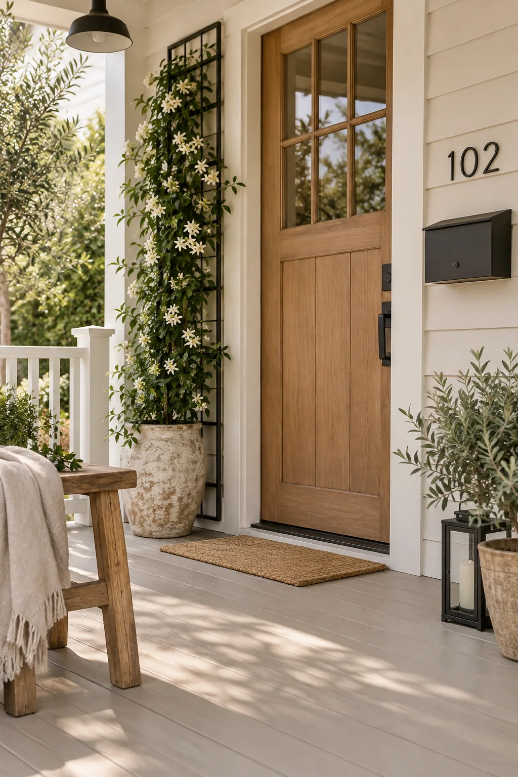 Tall wooden trellis with climbing ivy mounted on the wall next to a front door.