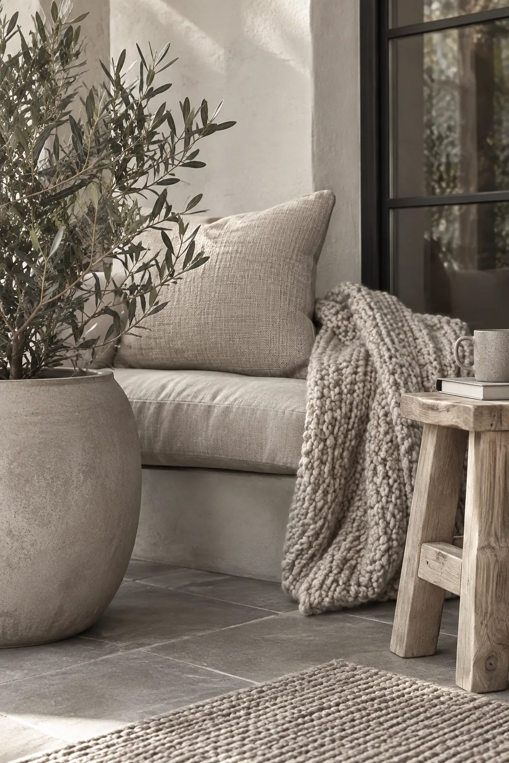 Black front door with matching black planters and a black patterned pillow on a small chair.