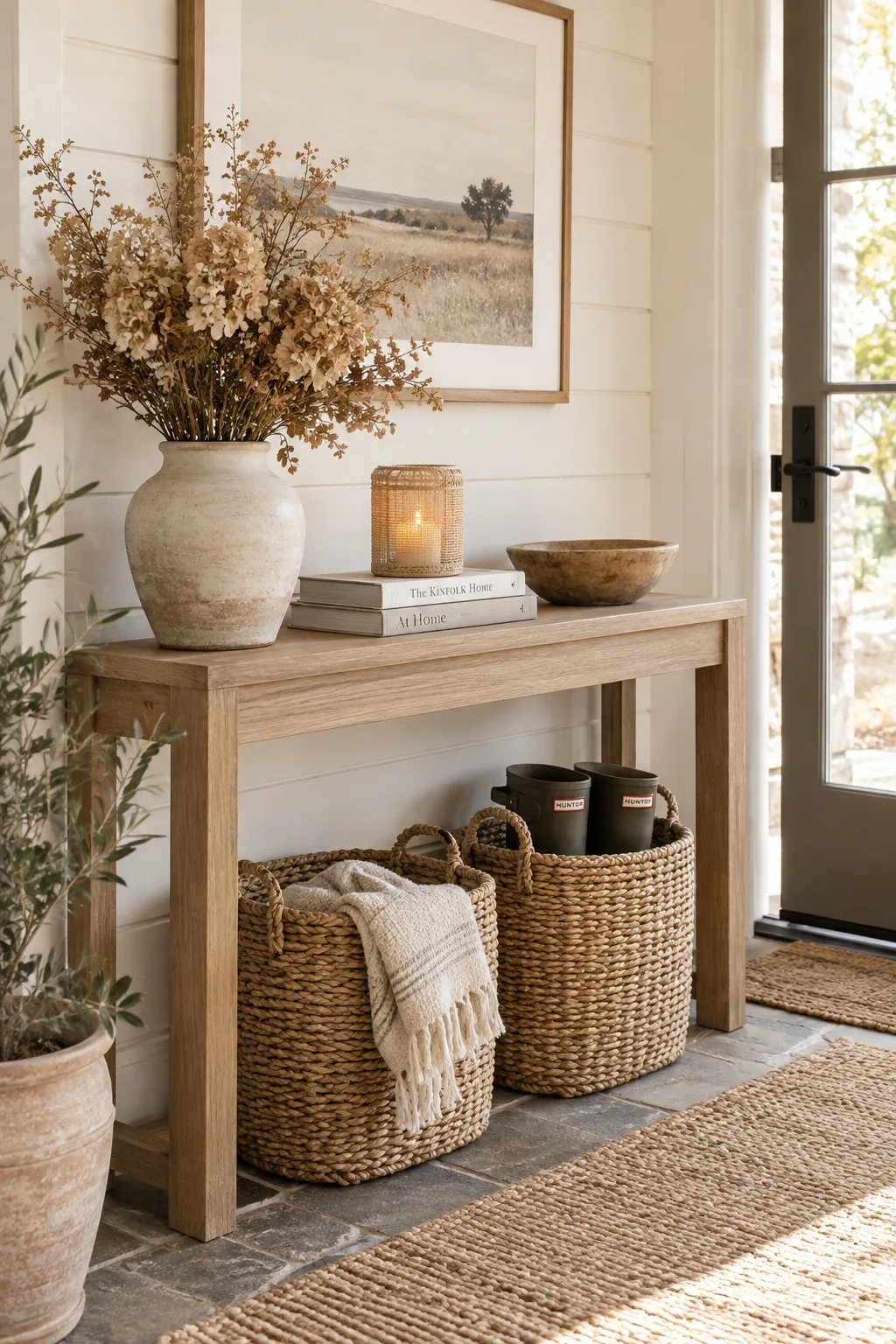 Slim wooden console table on a porch with baskets underneath and a lantern on top.