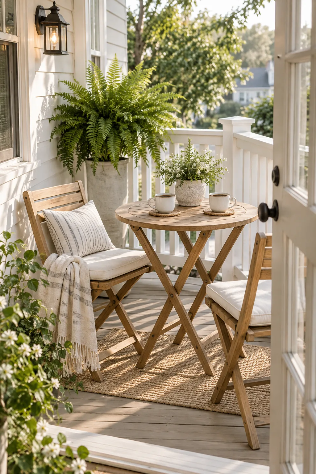 Small black metal bistro set tucked into the corner of a tiny porch.