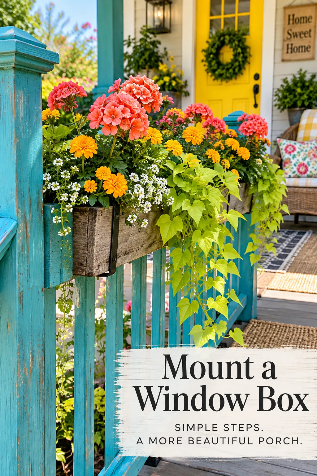 White window box filled with pink flowers hanging on a porch railing.
