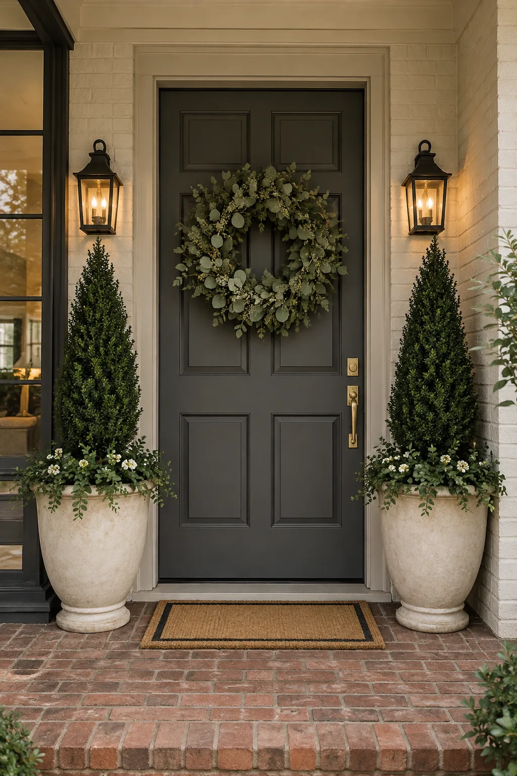 Two tall black planters with boxwoods framing a bright front door.