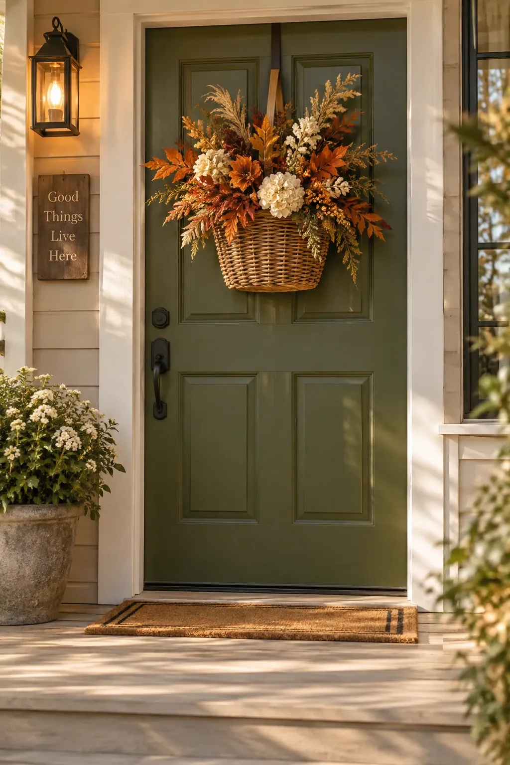 Front door with a hanging basket full of fall foliage instead of a traditional wreath.