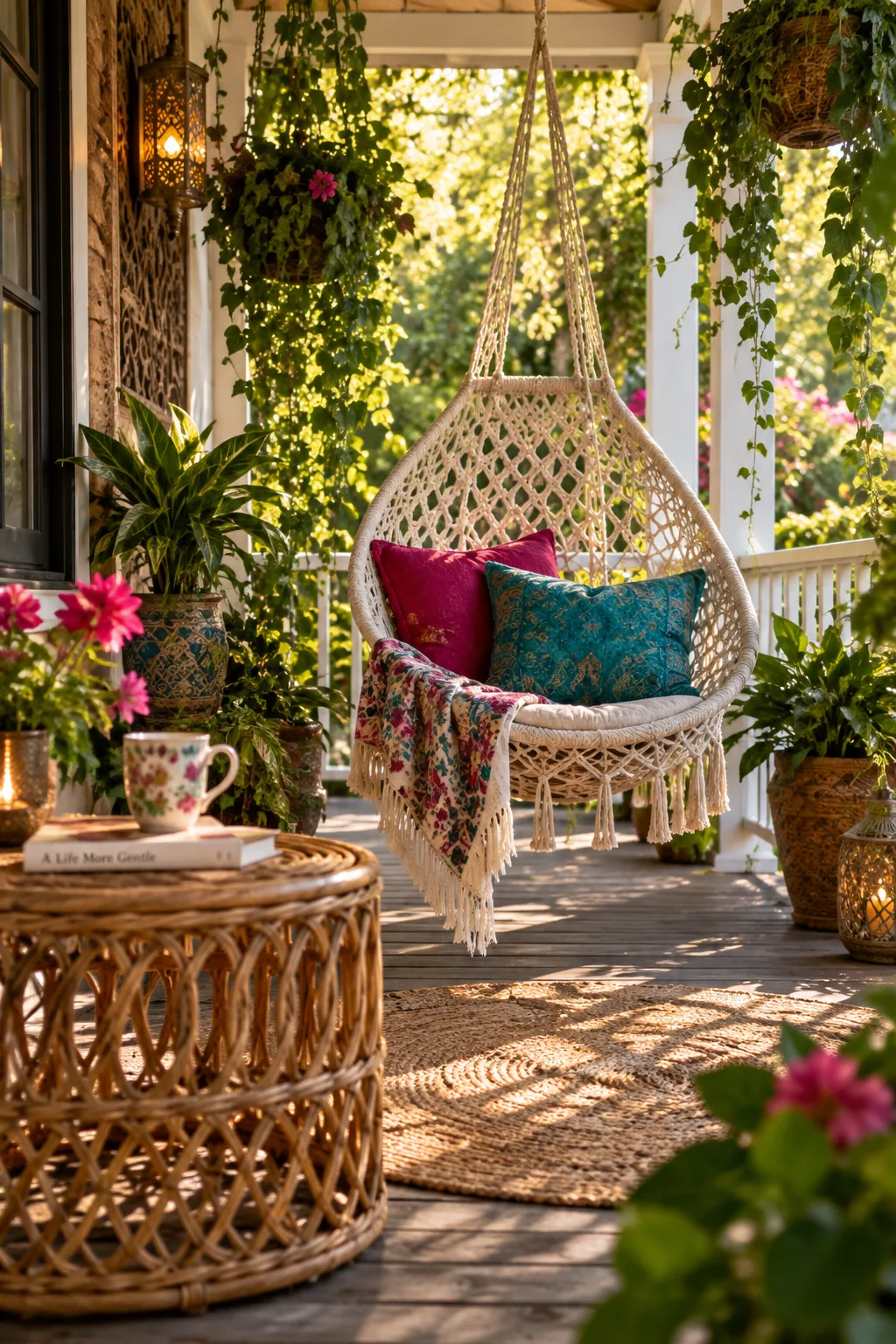 Hanging macrame chair on a small porch surrounded by trailing hanging plants.