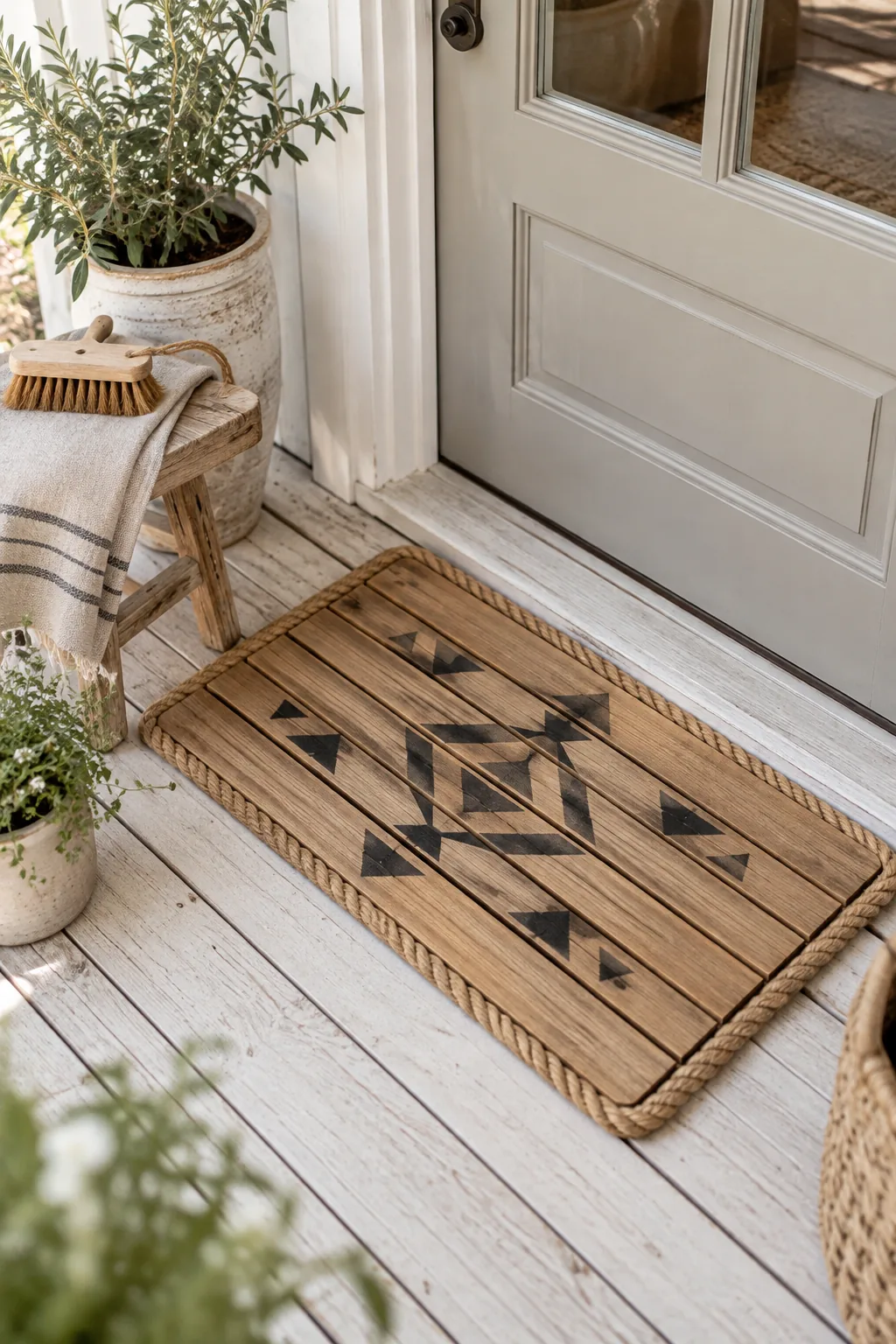 Custom slatted wooden doormat with painted house numbers in front of a door.