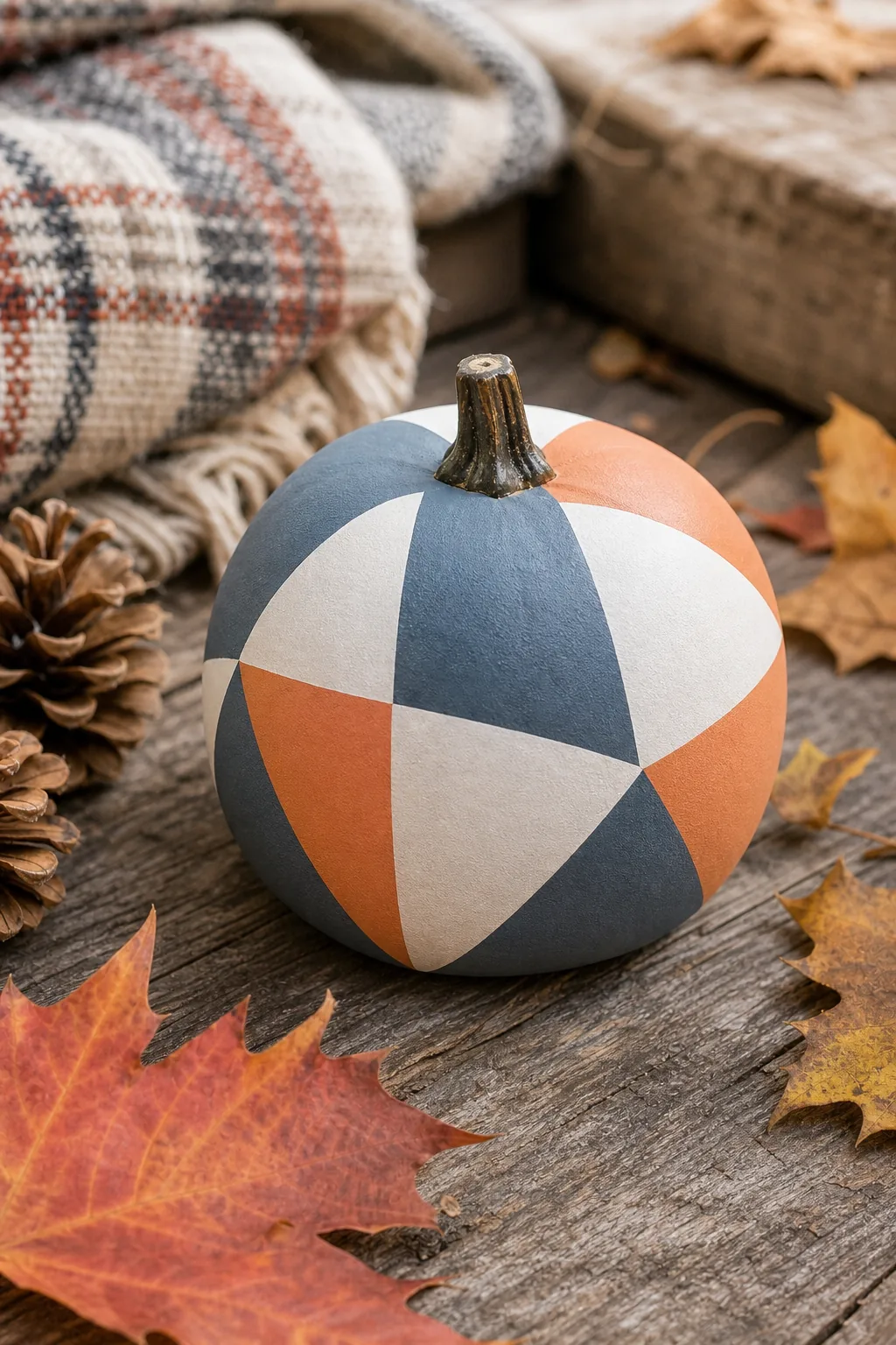 Mini pumpkin painted with geometric triangles in slate blue, white, and terracotta.