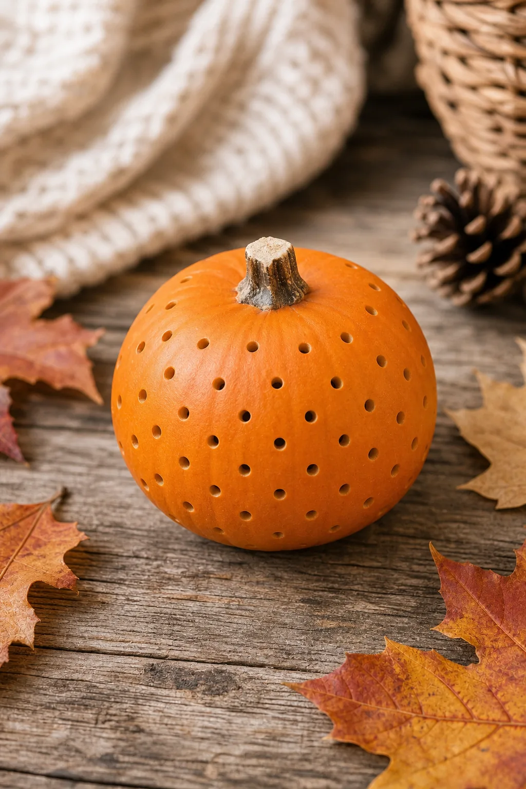 Small orange pumpkin with a pattern of cleanly drilled holes.